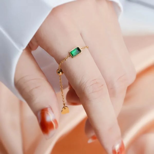 Anti-Tarnish 18k Gold Plated Dainty Green Emerald Chain Ring for Women | Golden Chain Rings - Image 1