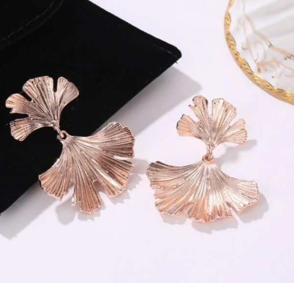 Ginkgo Flower Leaf Gold Dangle EARRINGS |  Gold Dangle Earrings Brass Earrings | Flower Earring - Image 3
