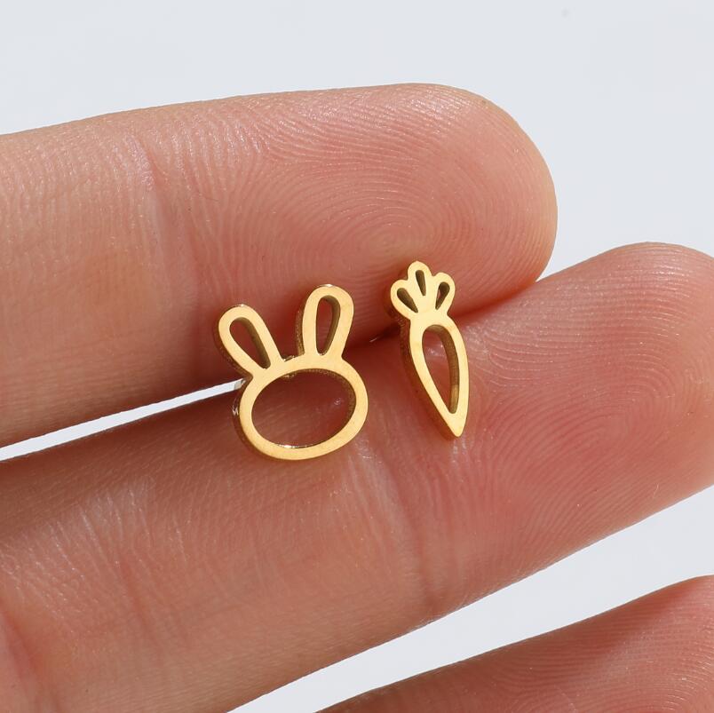 Anti Tarnish Titanium Steel 18K Gold Plated Bunny Ears & Carrot  Ear Studs | Tiny Treasures