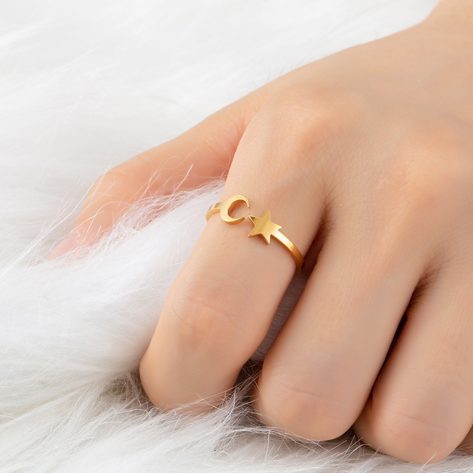 Anti-Tarnish Titanium Steel Golden Open Crescent Moon Star Ring Adjustable for Women Girls | Gift For Her