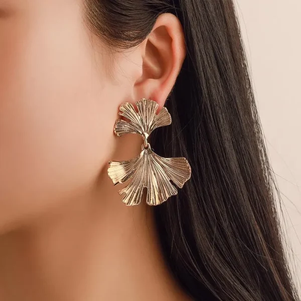 Ginkgo Flower Leaf Gold Dangle EARRINGS |  Gold Dangle Earrings Brass Earrings | Flower Earring - Image 1