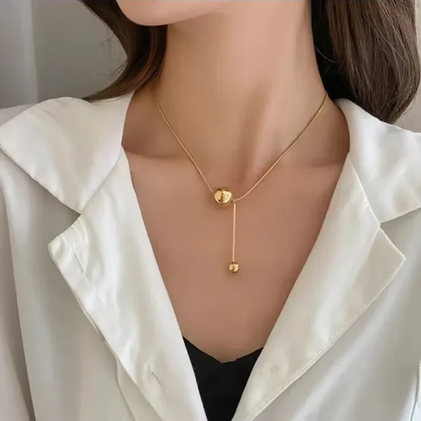 Anti Tarnish Titanium Steel Gold Plated Lariat Necklace for Women Golden Double Ball Pendant Necklace - Image 2