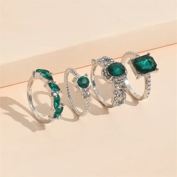 4 PCS Emerald Rings for Women | Vintage Emerald Crystal Finger Ring Joint Knuckle Rings Set | Green Gemstone Ring Set | Emerald Stackable Rings - Image 2