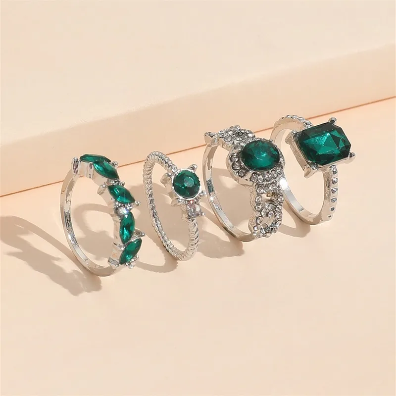 4 PCS Emerald Rings for Women | Vintage Emerald Crystal Finger Ring Joint Knuckle Rings Set | Green Gemstone Ring Set | Emerald Stackable Rings