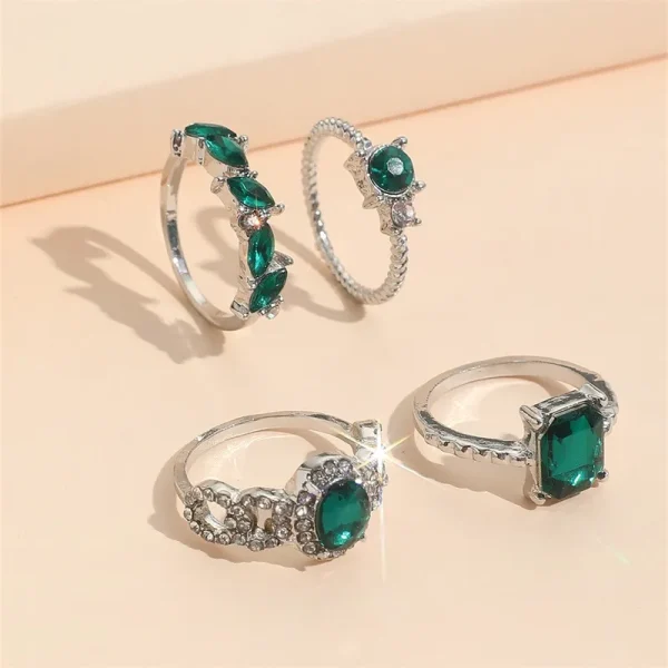 4 PCS Emerald Rings for Women | Vintage Emerald Crystal Finger Ring Joint Knuckle Rings Set | Green Gemstone Ring Set | Emerald Stackable Rings - Image 3