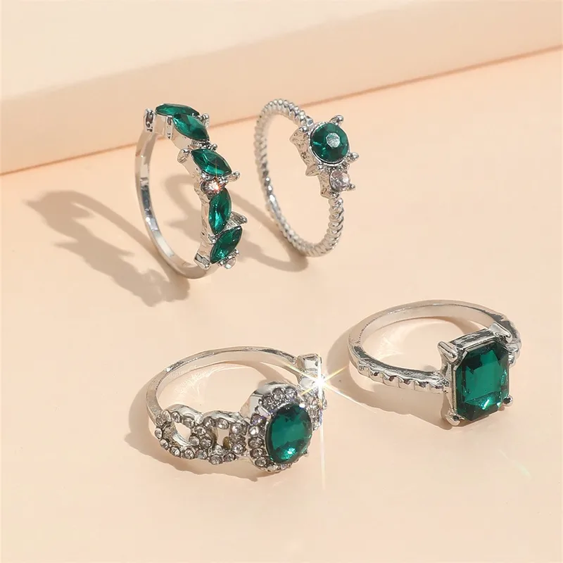 4 PCS Emerald Rings for Women | Vintage Emerald Crystal Finger Ring Joint Knuckle Rings Set | Green Gemstone Ring Set | Emerald Stackable Rings