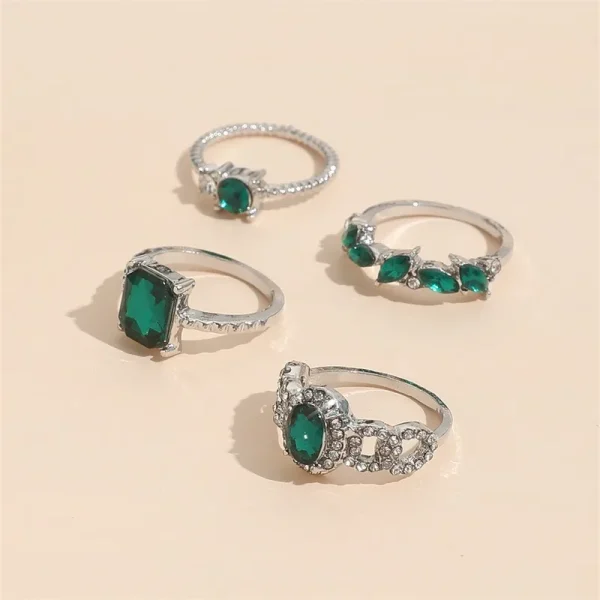 4 PCS Emerald Rings for Women | Vintage Emerald Crystal Finger Ring Joint Knuckle Rings Set | Green Gemstone Ring Set | Emerald Stackable Rings - Image 4