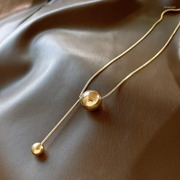 Anti Tarnish Titanium Steel Gold Plated Lariat Necklace for Women Golden Double Ball Pendant Necklace - Image 3