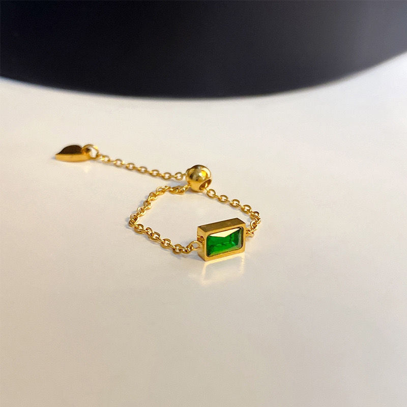 Anti-Tarnish 18k Gold Plated Dainty Green Emerald Chain Ring for Women | Golden Chain Rings