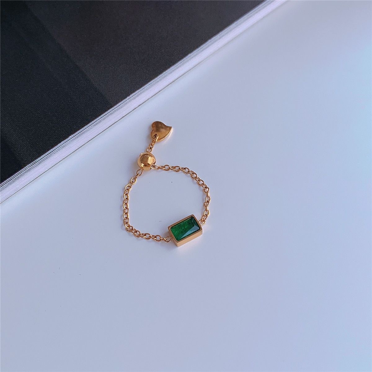 Anti-Tarnish 18k Gold Plated Dainty Green Emerald Chain Ring for Women | Golden Chain Rings - Image 2